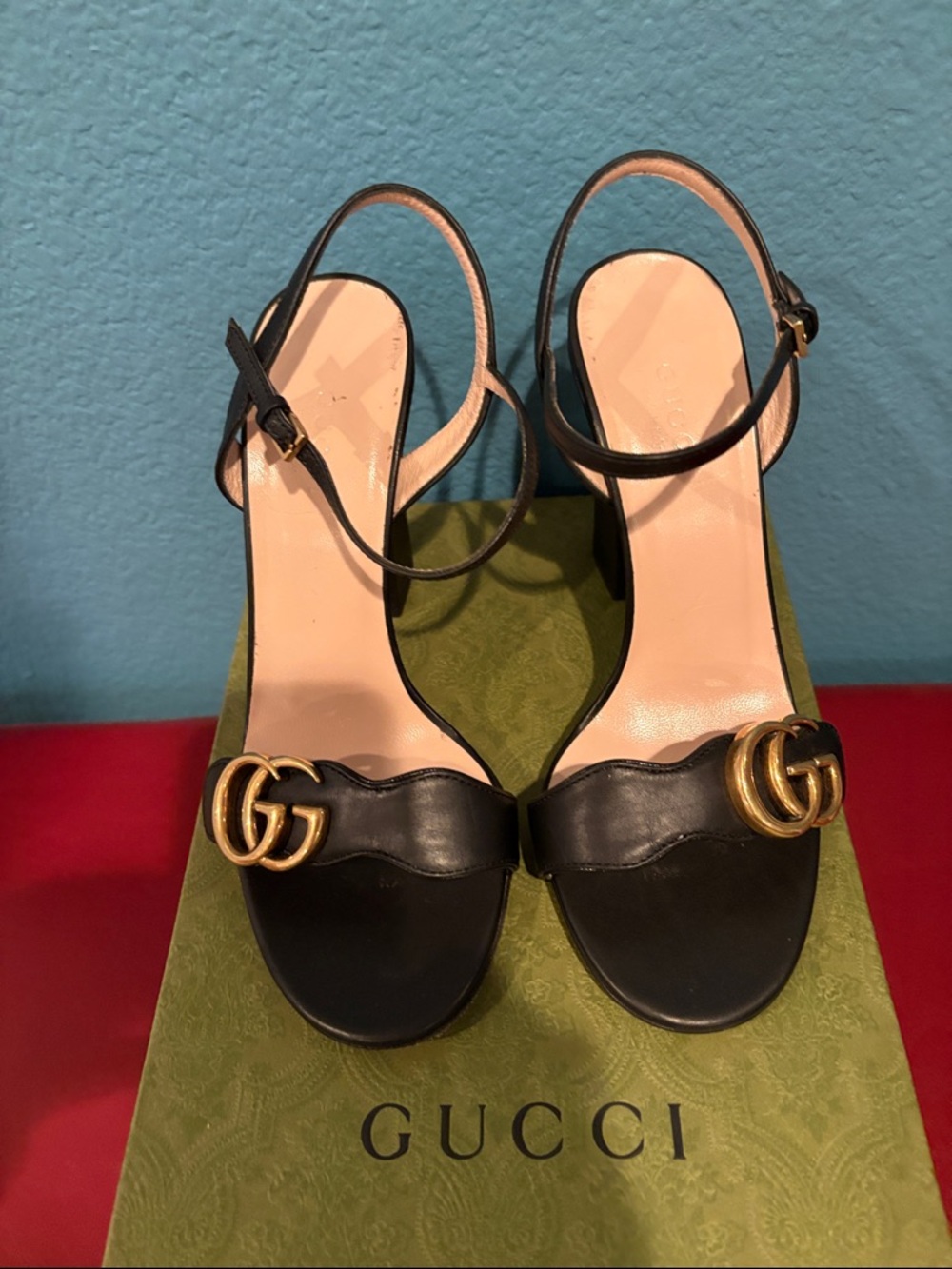 Gucci Marmont  Black Leather Open-Toe heel /Authentic